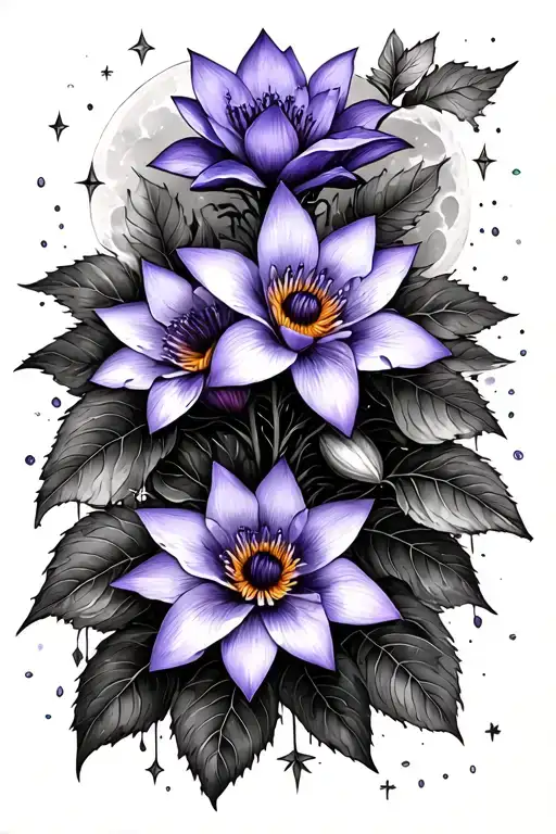 Spine Tat Including Violet Flower Water Lily Flower Hawthorn Flower Morning Glory Flower Moon Stars