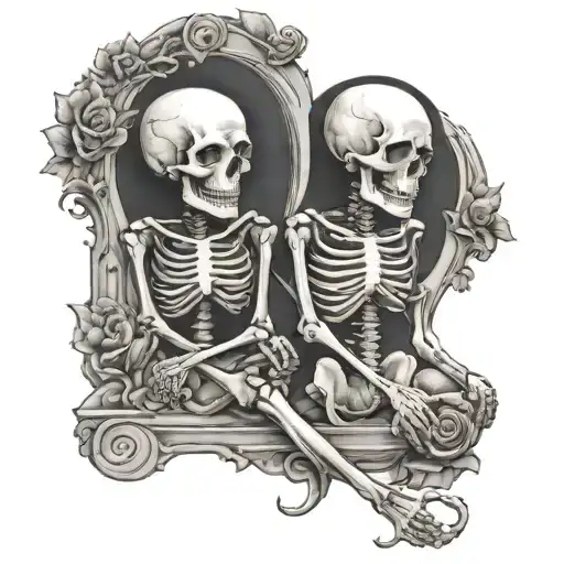 Three Skeletons Sitting On A Hour Glass