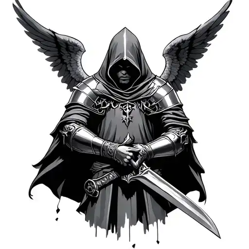 Hooded Knight With Sword Behind Head And Wings Realism Style