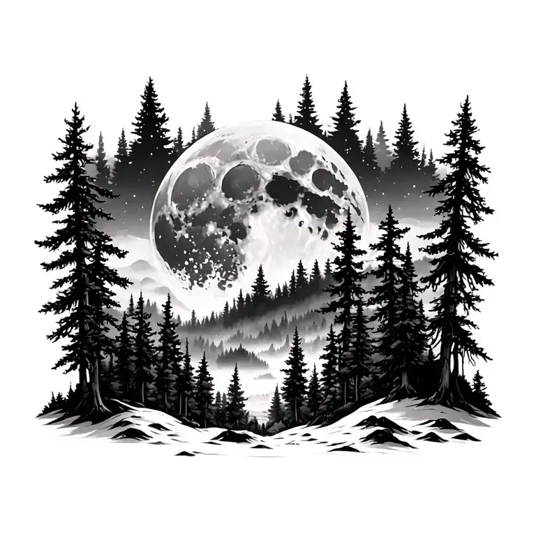 Massive Forest Landscape With Huge Moon In The Background