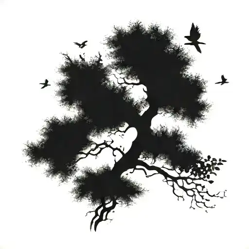 Tree With 4 Birds Sitting And 1 Bird Flying Away