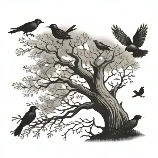 Tree With 4 Birds Sitting In The Tree And 1 Bird Flying Away