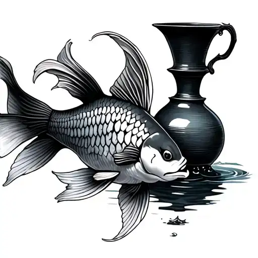 Tattoo With A Koi Carp Which With These Fins Holds A Spilled Vase Towards Its Large Fin