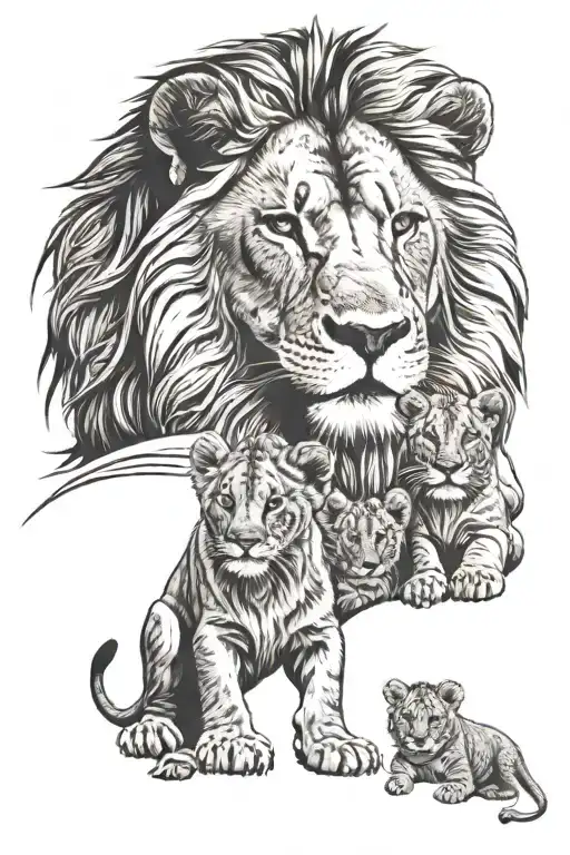 Lion With 3 Cubs Face Only