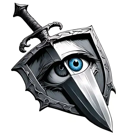 A Sword Scale With An Eye On One Side And A Shield On The Other