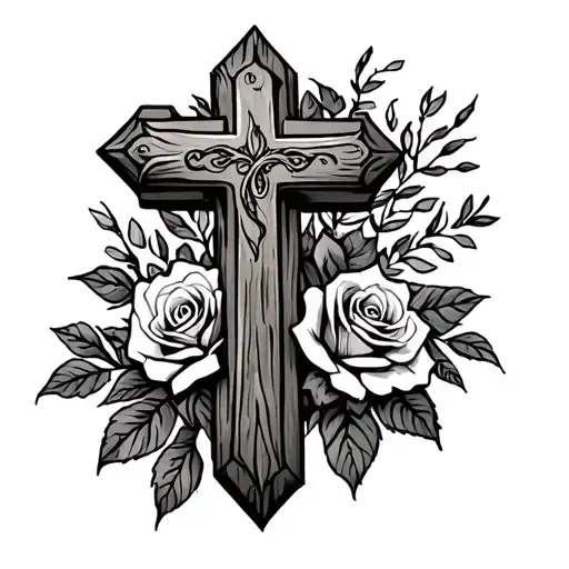 Wooden Cross Tattoo And Roses