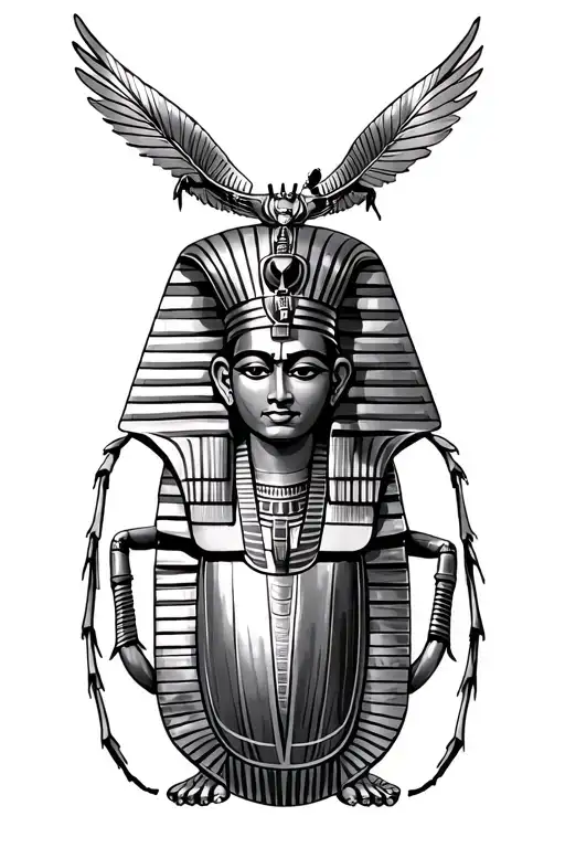 King Tut Standing And Egyptian Beetle Flying