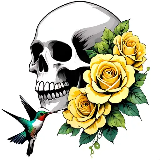 Female Skull With Yellow Roses And A Hummingbird