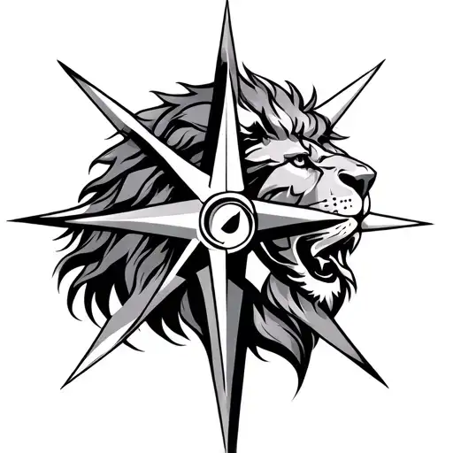 Half Sleeve Upper Arm To Mid Bicep Of A Compass Cross And Lion Combined