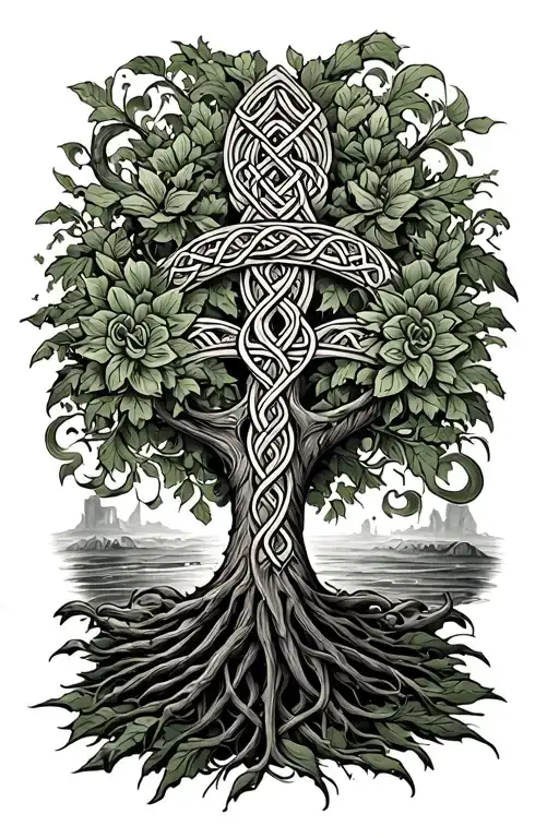 Leg Sleeve Irish Tattoo With Celtic Tree