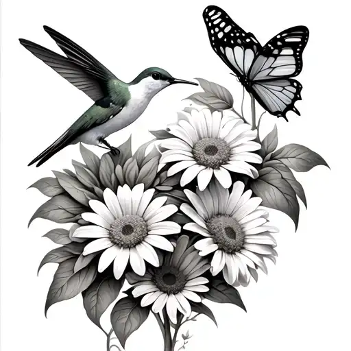 Hummingbird And Gerber Daisies With Butterflies
