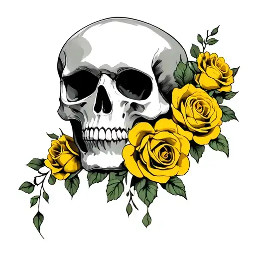 Side Skull With Yellow Roses Down The Arm