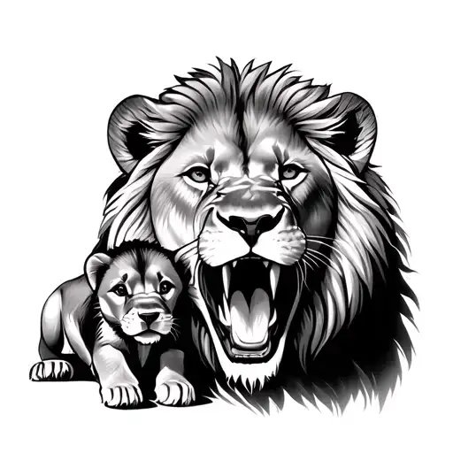 Leon Roaring With Two Female Lion Puppy