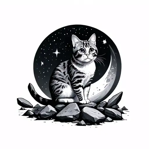 A Cat Sitting On The Moon Surrounded By Rocks