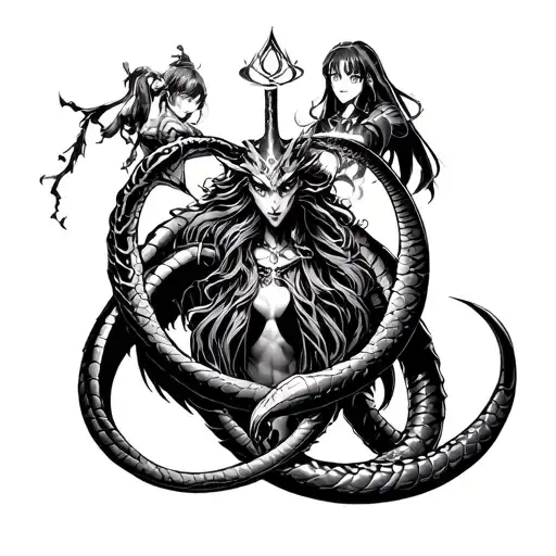 Ouroboros With The Magician Of Final Fantasy And Characters From Chihiro's Trip