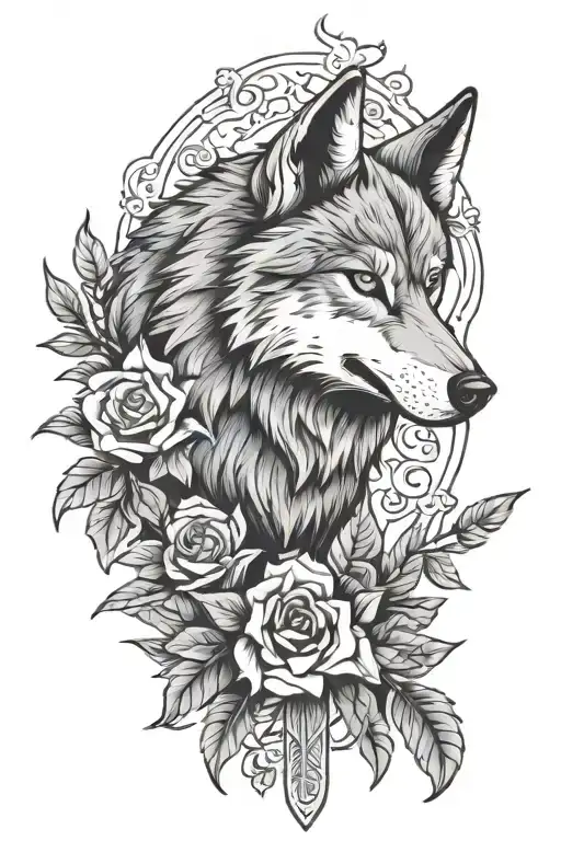 Howling Wolf And Knife American Traditional Floral