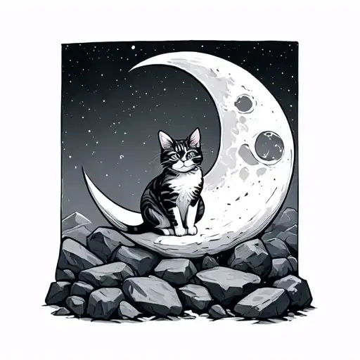 A Cat Sitting On The Moon Surrounded By Rocks