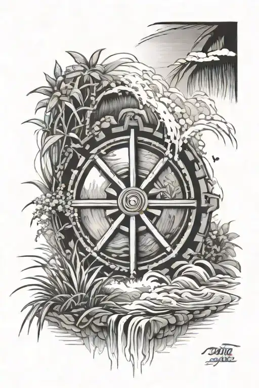 Dharma Wheel Cascading Waterfall Into A Rice Paddy