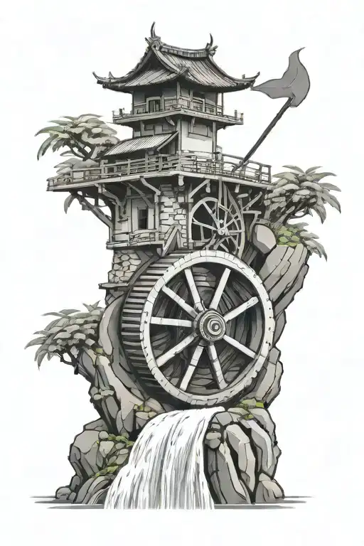 Dharma Wheel As A Watermill Cascading Into A Waterfall That Becomes A Rice Paddy Field