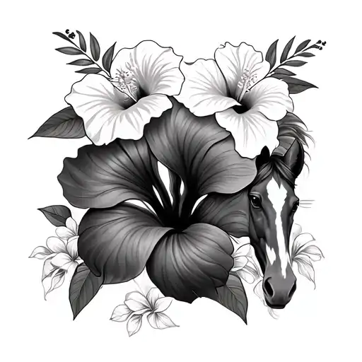 Large Hibiscus Flowers With Small Santan Flowers And A Small Horse