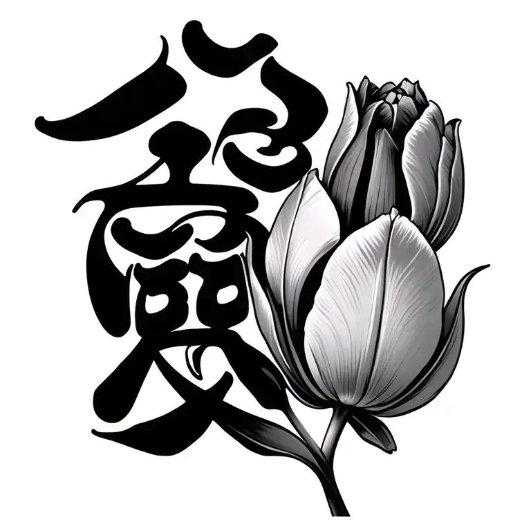 Chinese Character For Love Intertwined With A Tulip