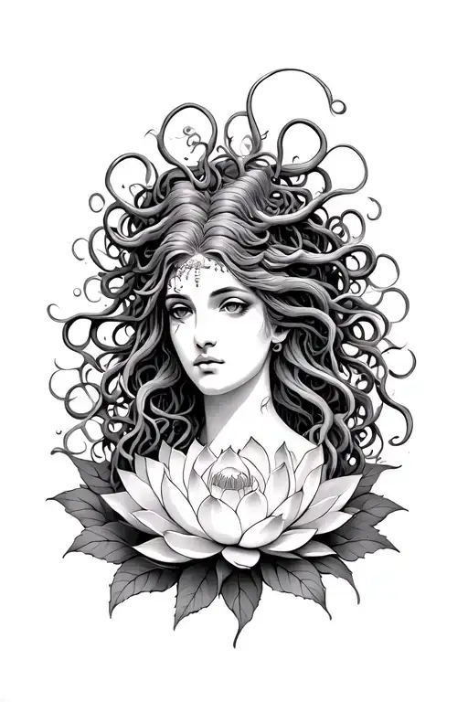 The Medusa Woman Greek Mythology With Lotus Flowers