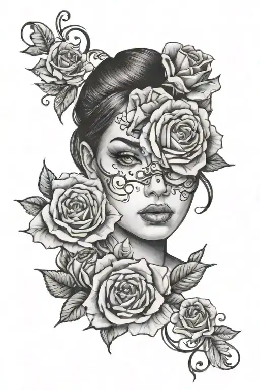 Roses And Girl Face One Eye