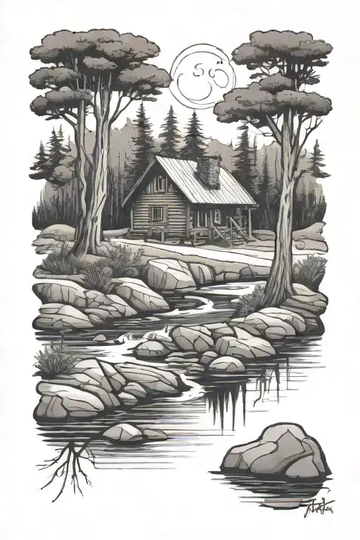 Cabin In The Woods By A River