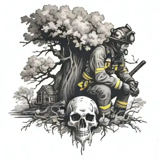 Firefighter With Skull For A Face Sitting Below Two Oak Trees