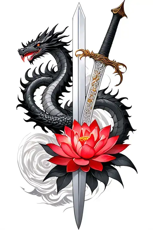 Red Lotus Flowers With A Black Dragon Wrapped Around A Sword