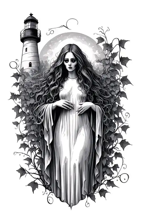 Female Sheet Ghost With Ivy And A Lighthouse In The Background
