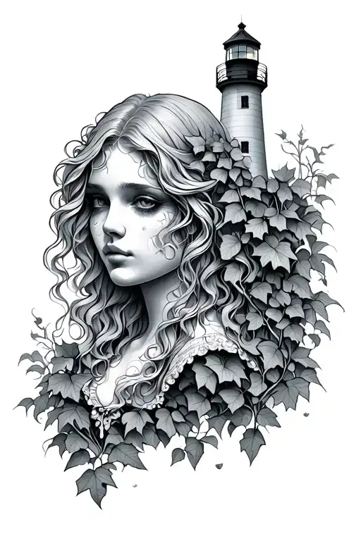 Female Sheet Ghost Bust With Ivy And A Lighthouse In The Background