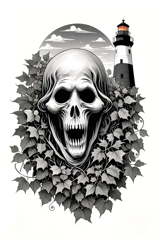 Sheet Ghost Bust With Ivy And A Lighthouse In The Background