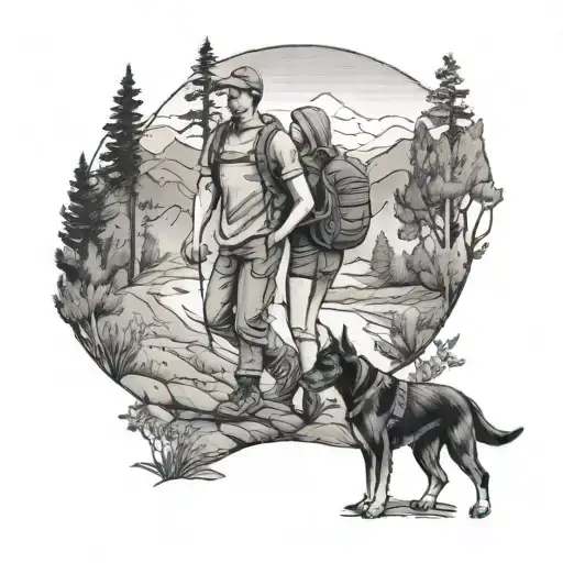 A Black And Grey Tattoo Of A Couple Hiking Together In The Countryside With Their Dog