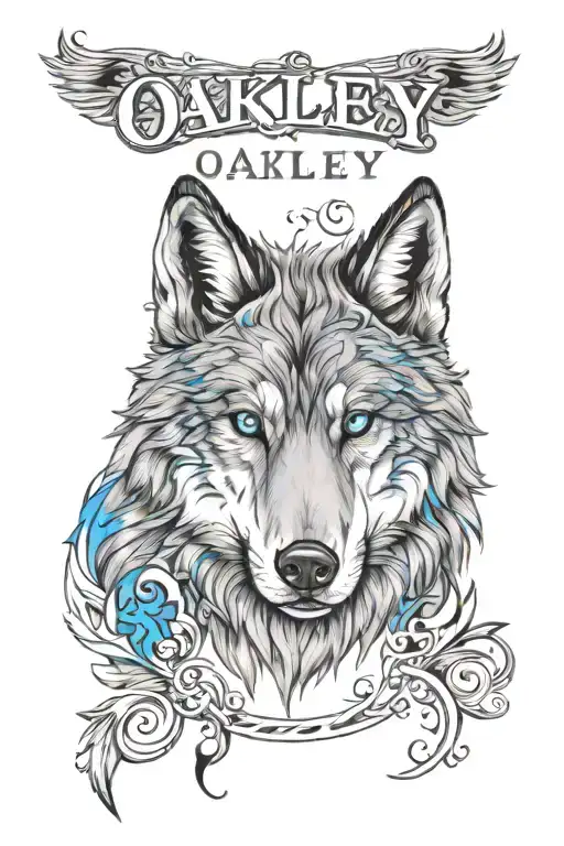 Name Oakley With A Wolf With Bright Blue Eyes Surrounded
