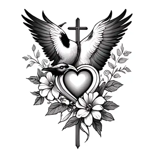 Cross With Bird Heart And Flower