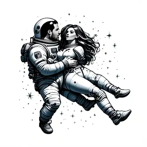 Male Astronaut Embracing Another Female Astronaut Floating In Space