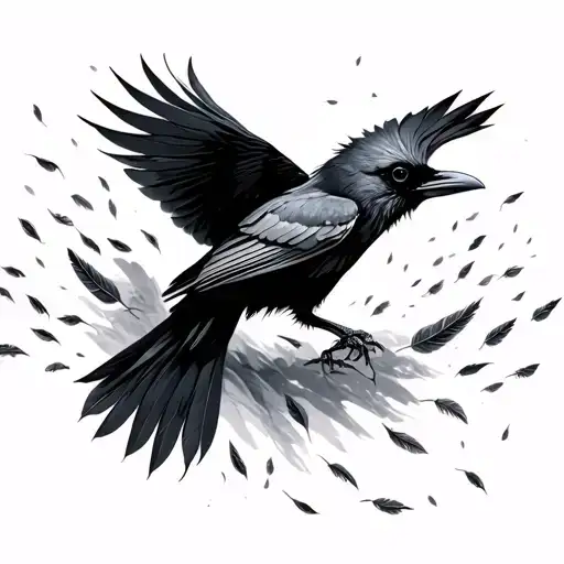 Crow Jumped Fly With Feathers Falling From It Into One Point Where They Dissappear