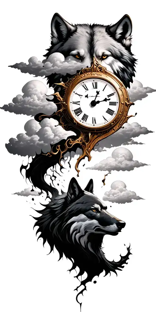 Broken Clock Surrounded Clouds A Wolf And The Shadow Of A Man