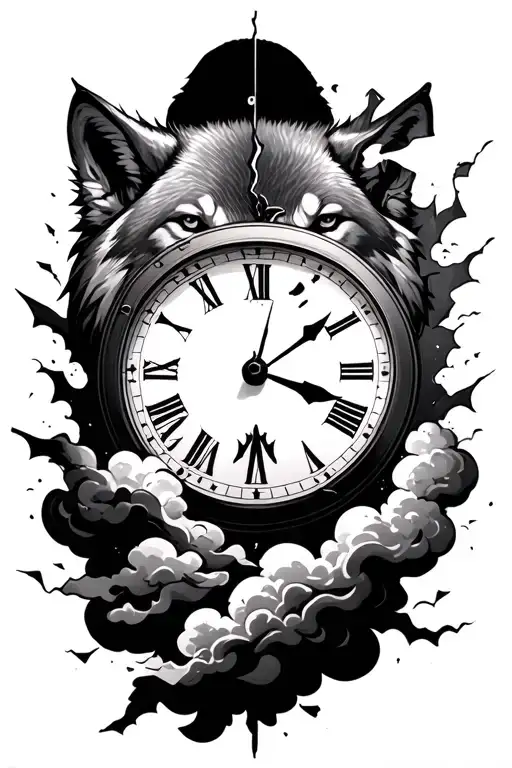 Broken Clock Surrounded Clouds A Wolf And The Shadow Of A Man