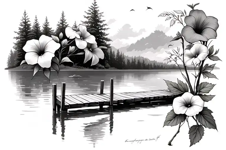 Lake With Dock And Morning Glory Flowers