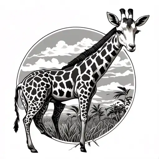 Giraffe With Africa Background And Down A Goat