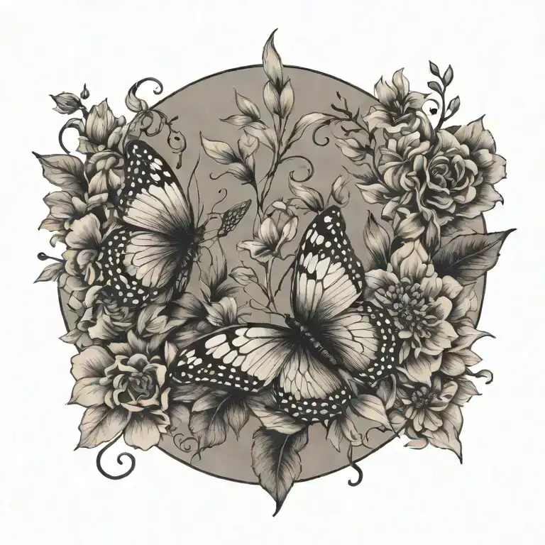 Butterfly And Flowers With Stem Writing In Script