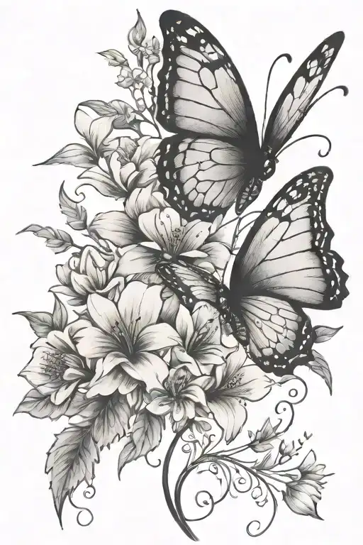 Butterfly With Flowers And Stem In Script Writing Spine