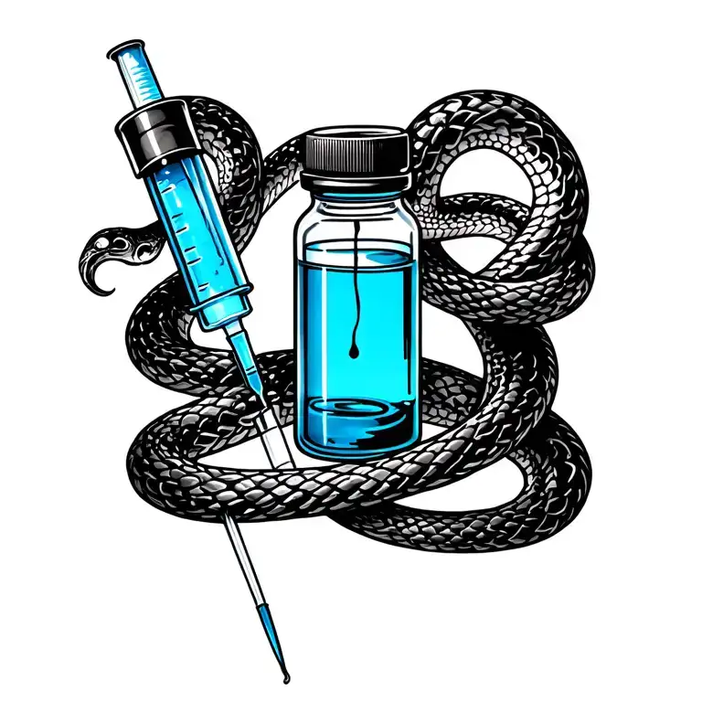 Insulin Vial And Syringe Filled With Blue Liquid And Snake Coils Up Both
