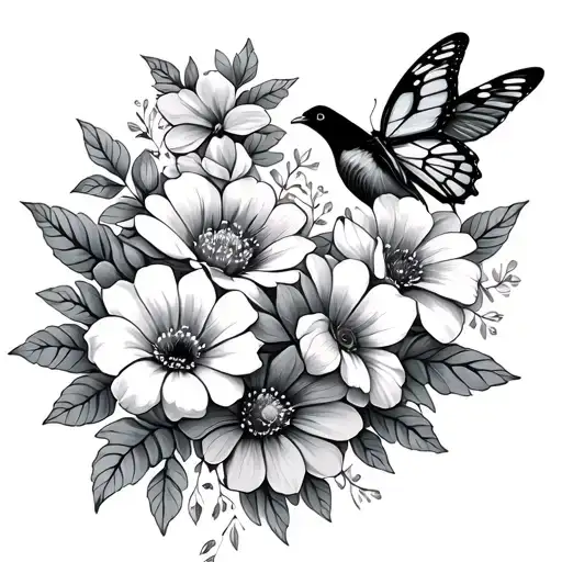 Flowers And Butterflies And Birds