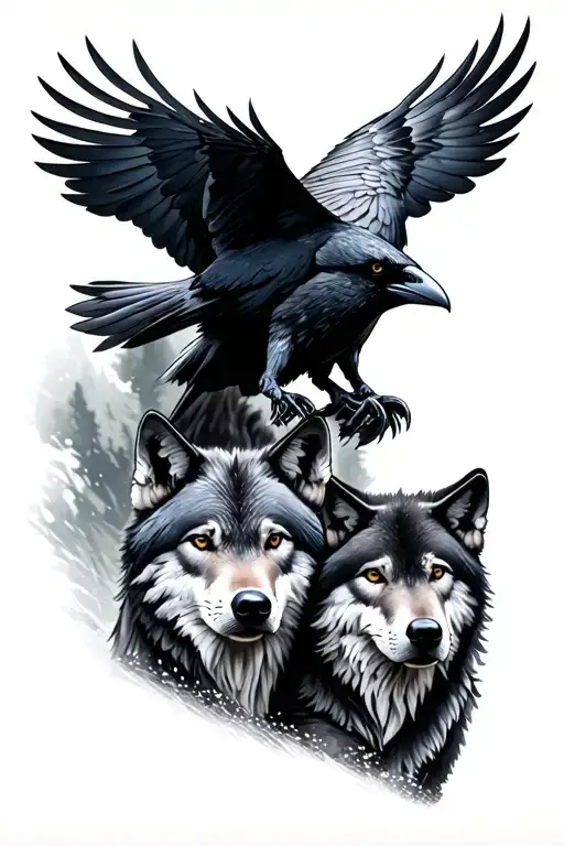 Realistic Raven Flies Over Grey Wolf With Two Wolf Cubs