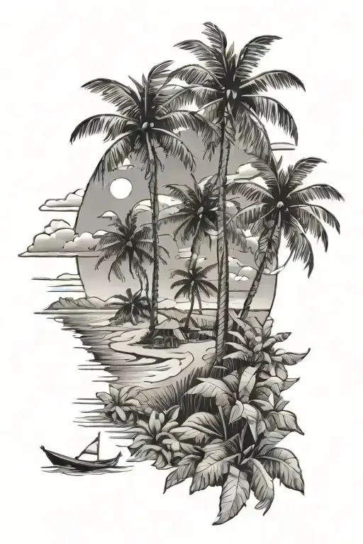 Sunny Beach With Ocean And Palm Trees Mens Black And Grey