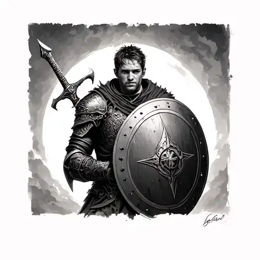 Realistic Glader With Shield And Sword