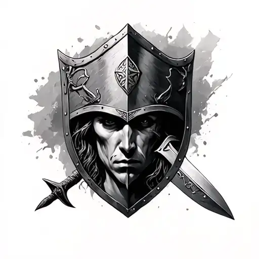 Realistic Glader Face With Common Shield And Sword